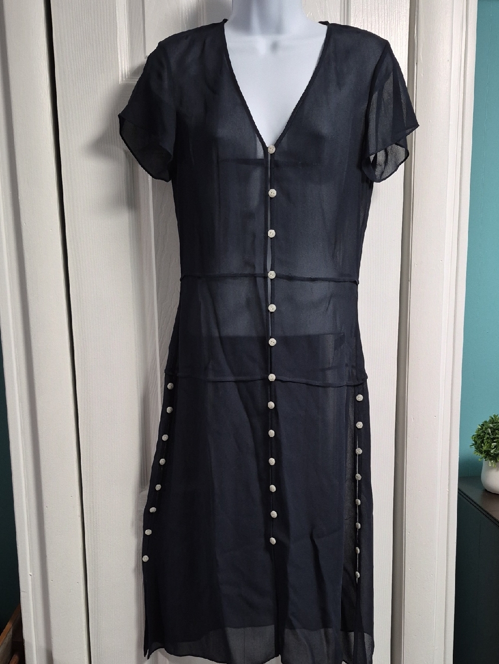 rag & bone Navy Sheer V-Neck Midi Dress with Pearl Buttons
